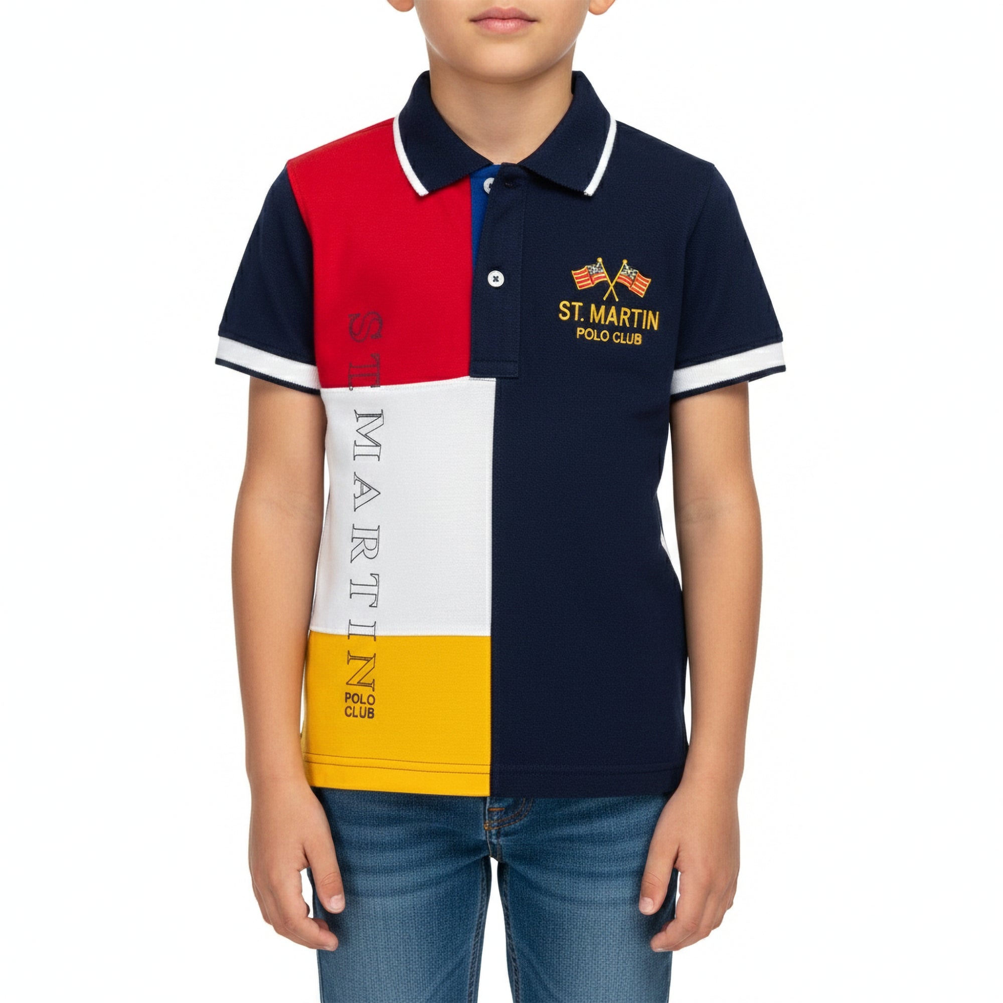 Polo piquet color block con ricamo verticale