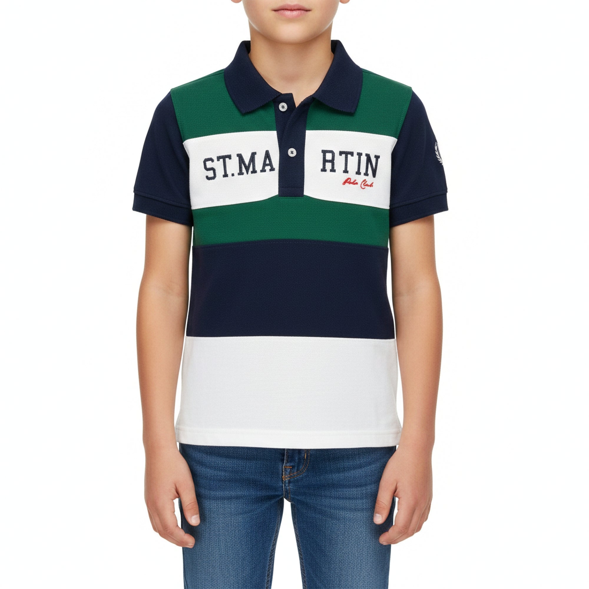 Polo piquet con fasce in contrasto e  logo college