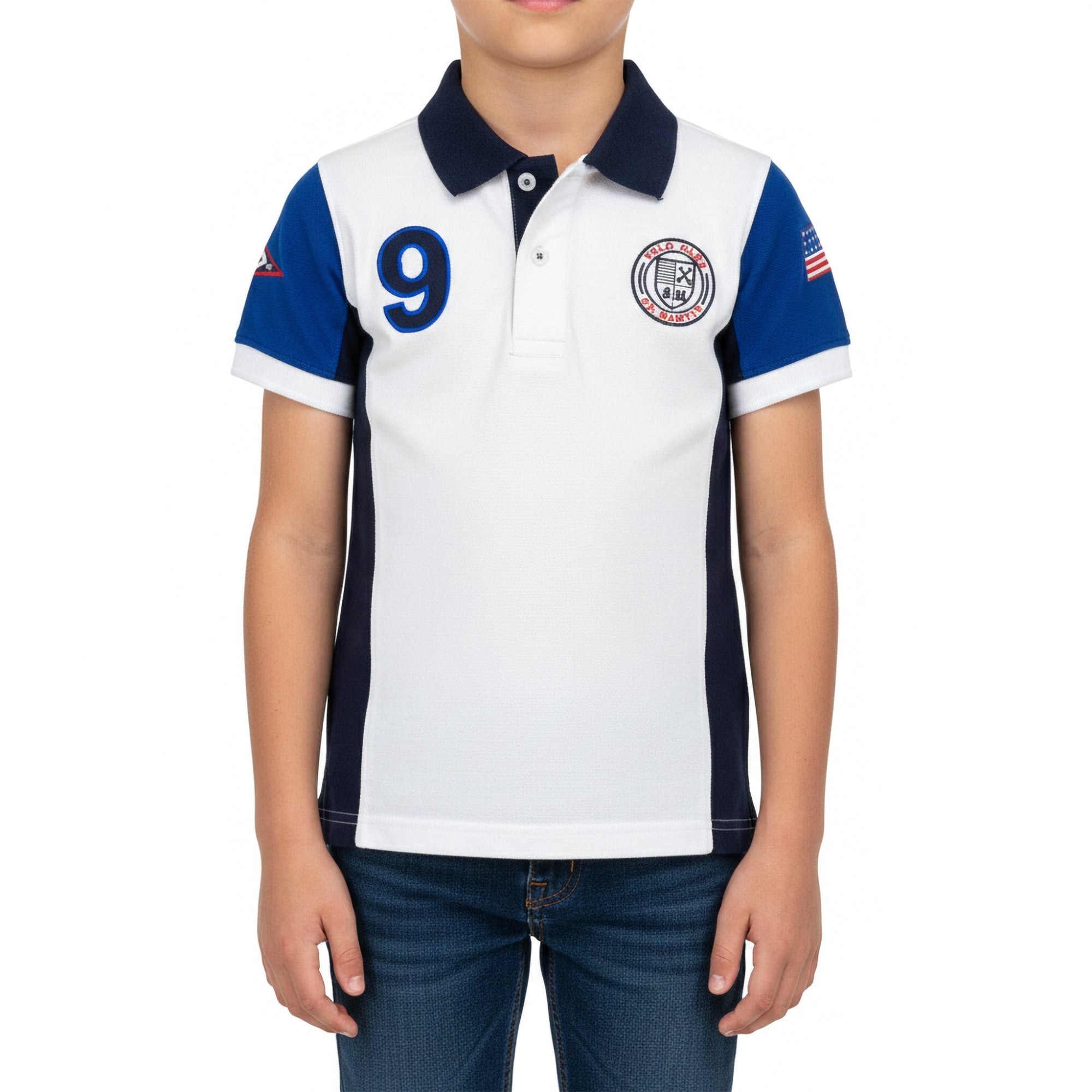 Polo piquet tre colori con ricami e patches