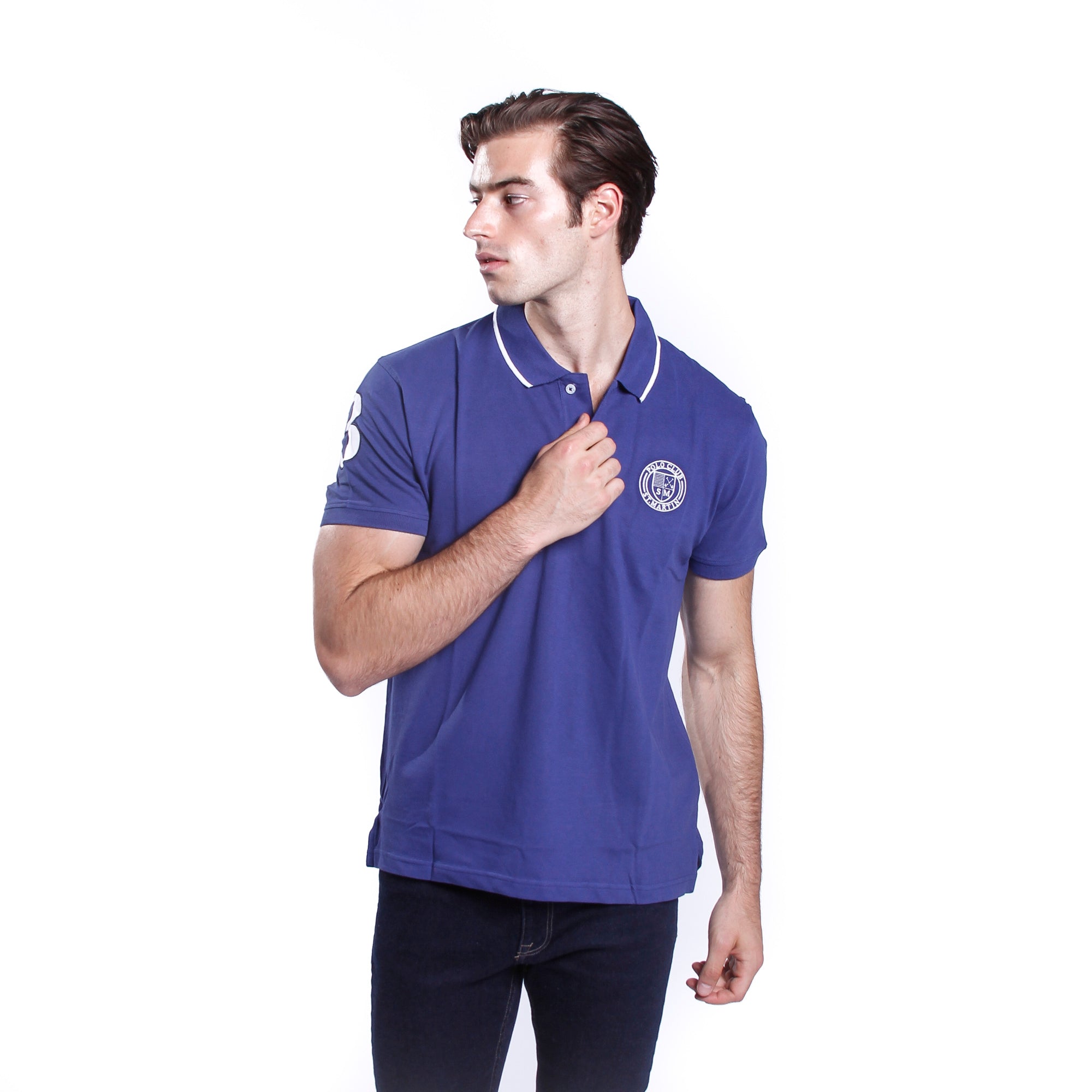 Solid color pique polo shirt with contrasting embroidery