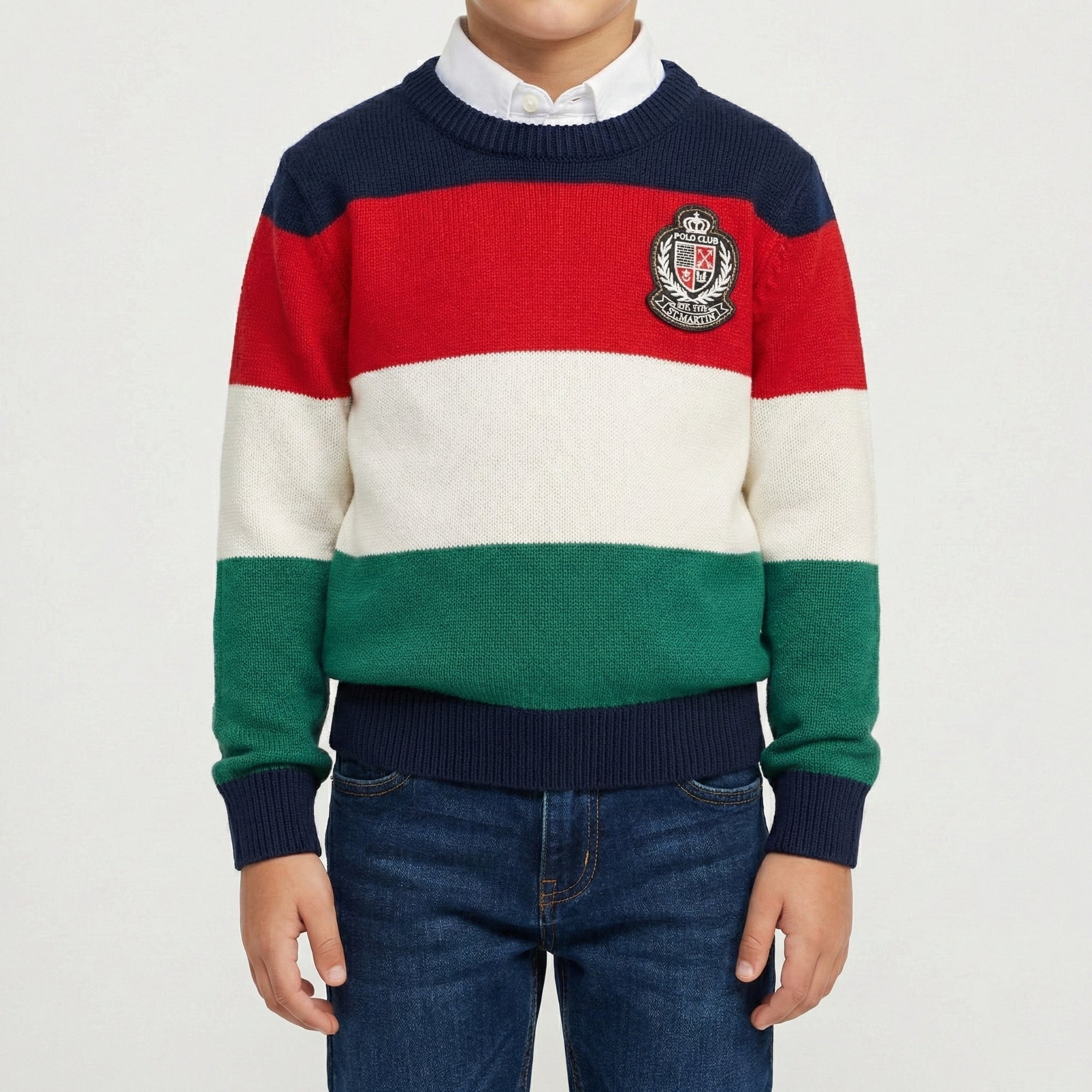 Girocollo finezza 7 con ricamo logo e fasce larghe colorate