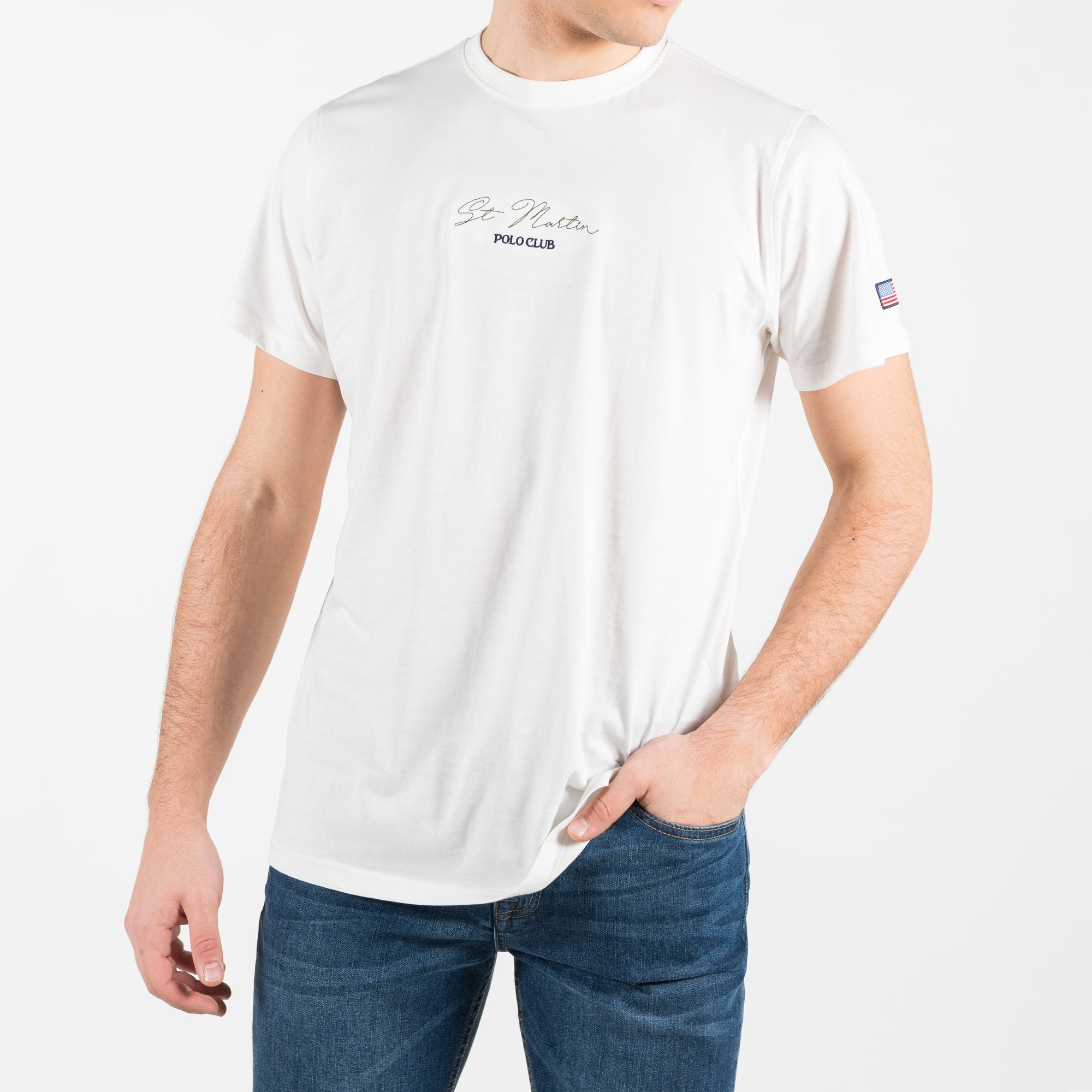 T-shirt con con ricamo centrale e dettaglio della bandiera americana intarsiata sulla manica sinistra 