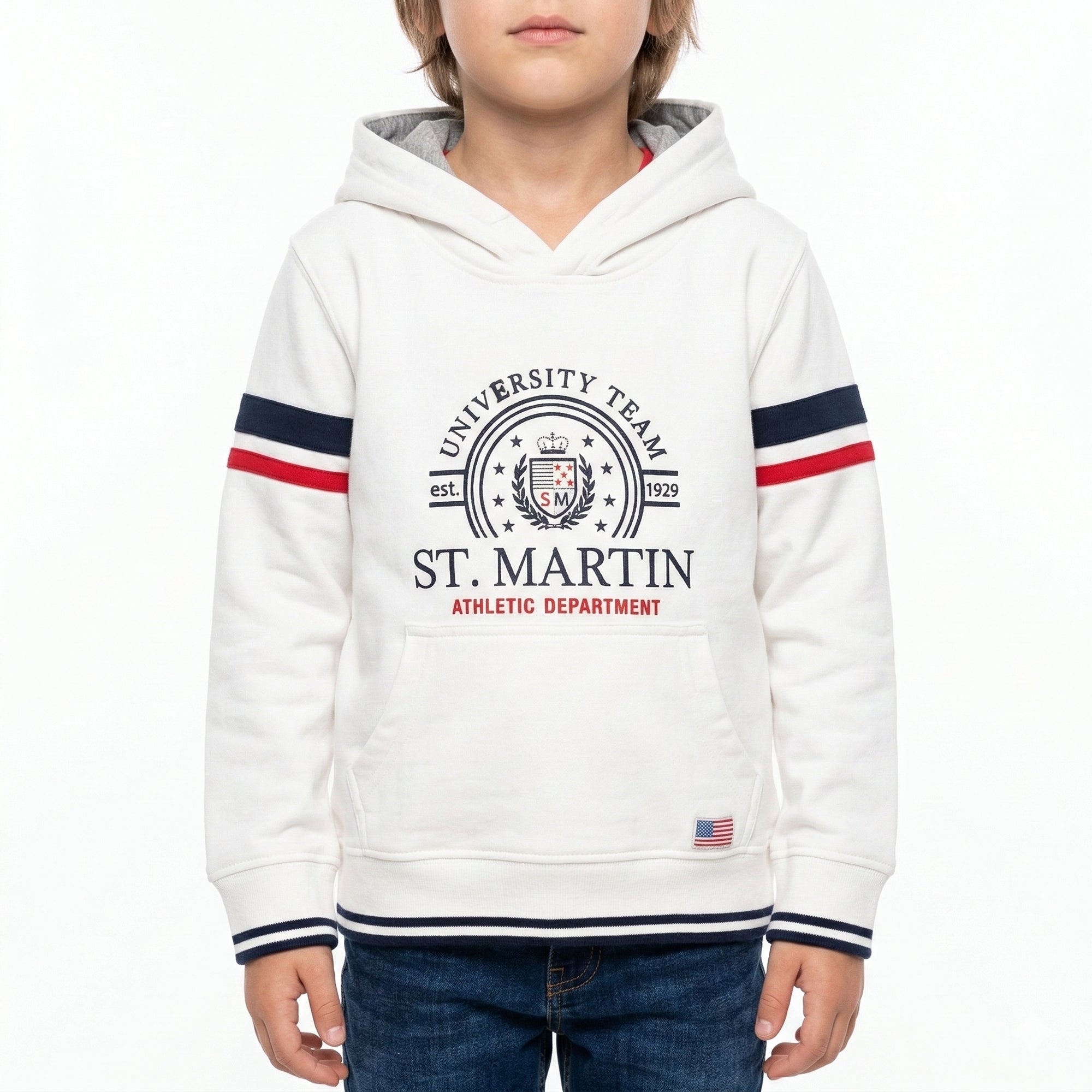 Felpa con cappuccio fasce su maniche e logo french terry