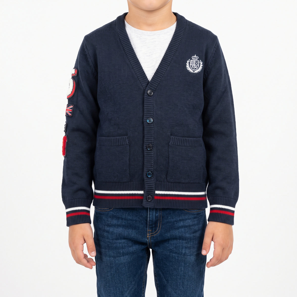 Cardigan scollo a V finezza 7 con appl. sulla manica
