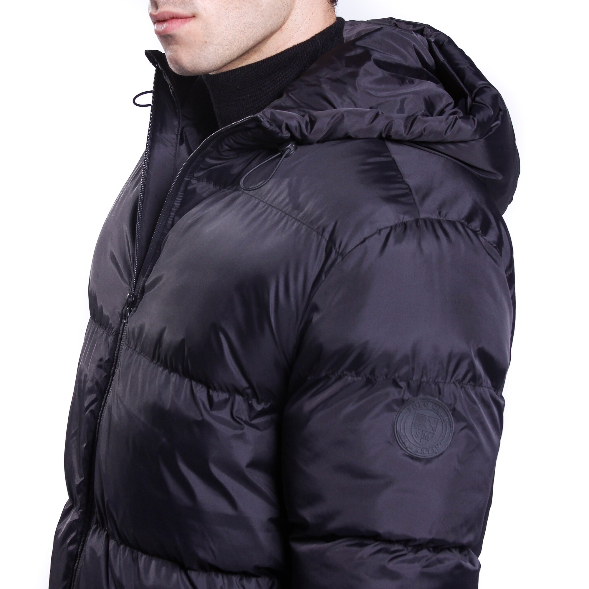 Nylon jacket with hood and logo on the sleeve