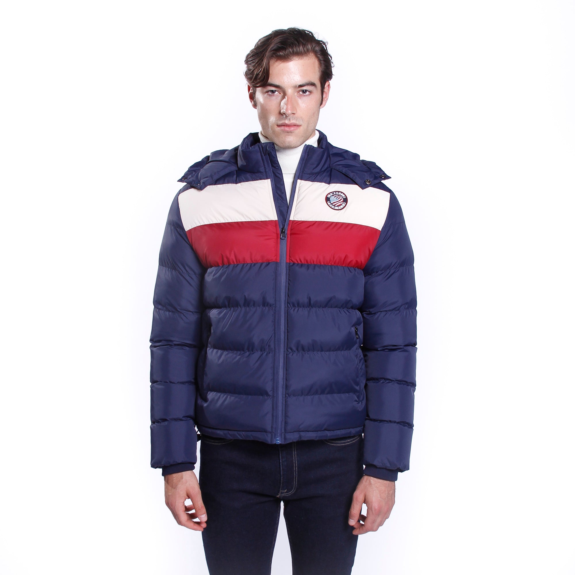 Nylon jacket with hood and colored stripes