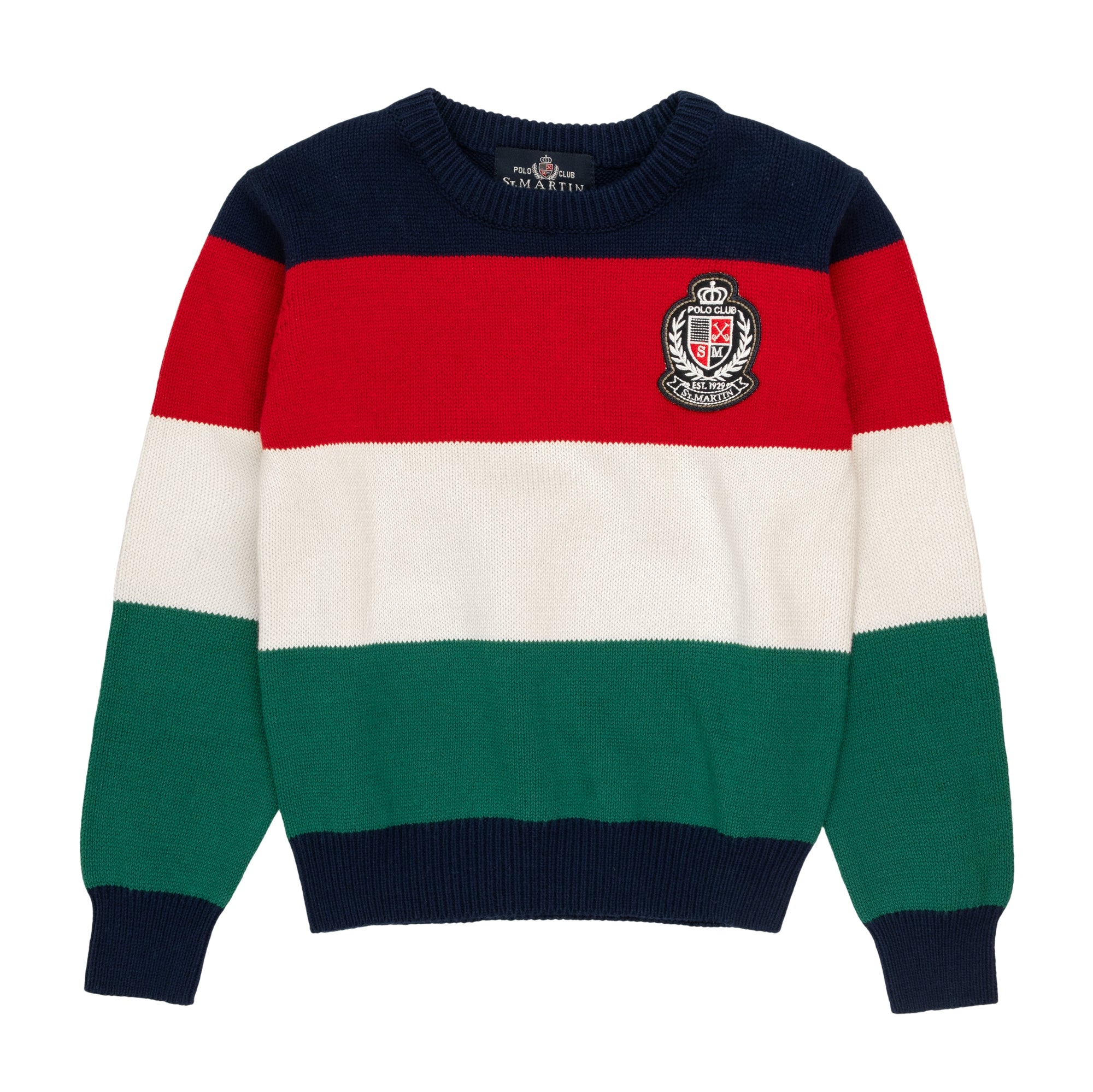 7 gauge crew neck with logo embroidery and wide colored bands