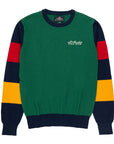 12 gauge crew neck with logo embroidery and colored bands on the sleeves