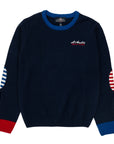 7 gauge crew neck with colored patches and logo embroidery